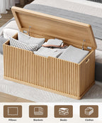 Akxomel 37.4" Fluted Storage Chest Wooden Storage Trunk 2 Safety Hinges Oak | Storage Chest with 2 Safety Hinges & Lift Top, Wooden Box Bench with Curved Profile, for Living Room, Entryway, Bedroom
