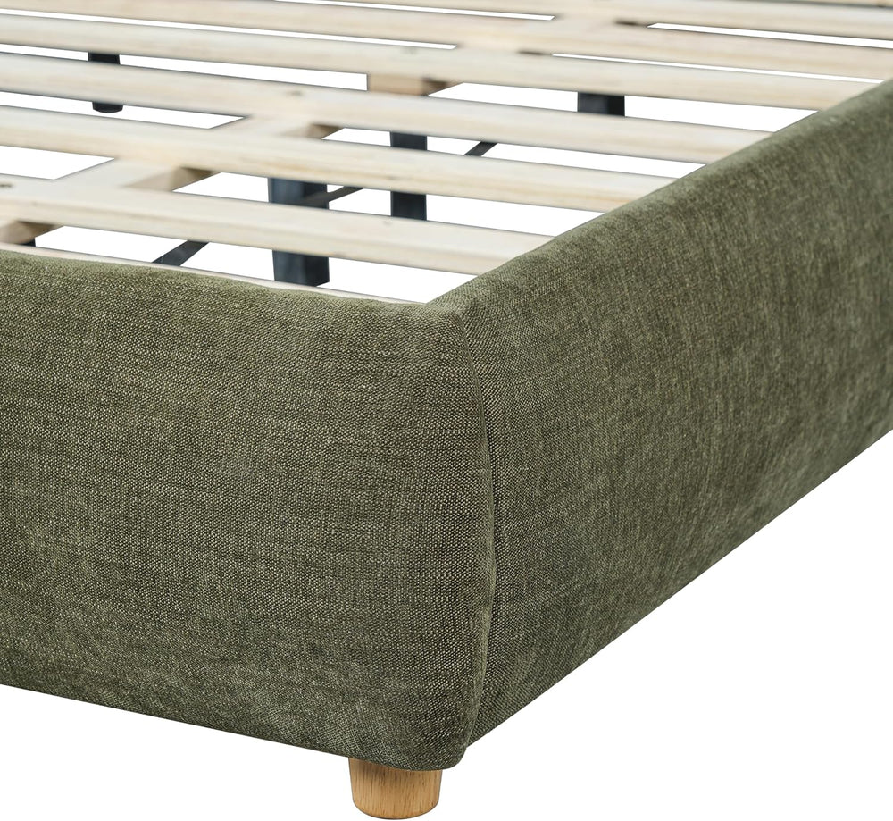 Merax Queen Linen Blend Platform Bed with 2 Headboard Pillows, Olive Green