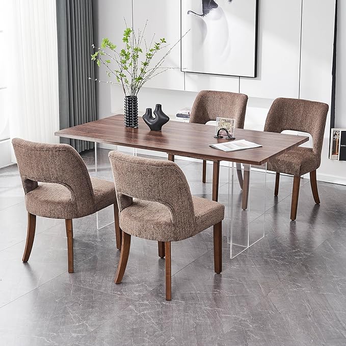 VKNOW Wooden Dining Chairs Set of 4, Modern Fabric Upholstered Dining Room Chair Kitchen Chairs, Farmhouse Dinner Chair for Kitchen Dining Room, Brown