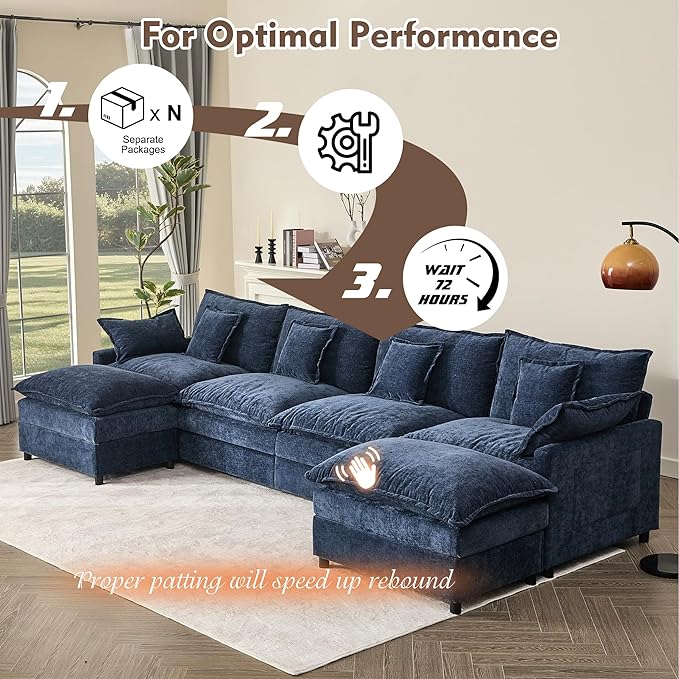 142.5" U Shaped Couch, Modular Sectional Sofa, 3-Seater Comfy Cloud Couch, Set of Modular Pieces with Movable Ottoman, Deep Seat Couches for Living Room, Chenille, Navy
