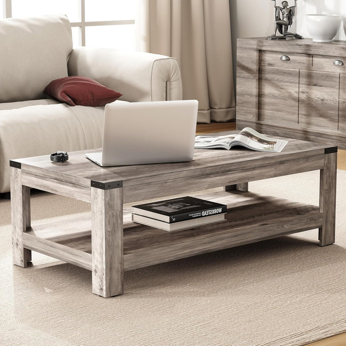 Farmhouse Coffee Table, Modern Rustic Wooden Center Table with Storage, Living Room Tables, 2-Tier Industrial Cocktail Tea Table for Living Room