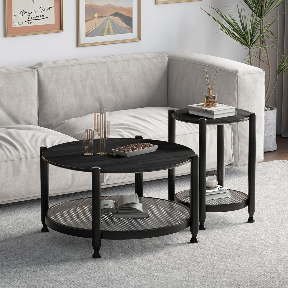 Farmhouse Round Nesting Coffee Table Set of 2, Solid Wood Round Coffee Table ...