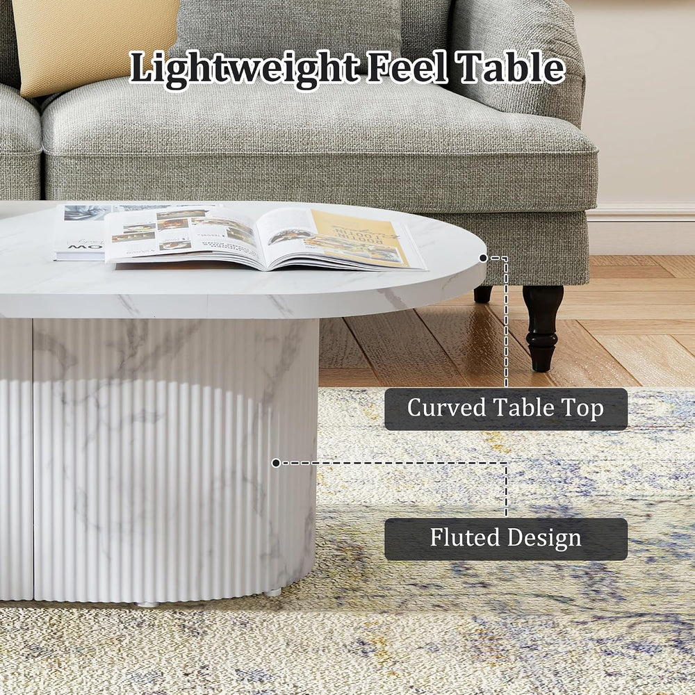 Modern 42.5" Oval Faux Marble Coffee Table, White Fluted Textured Base L...