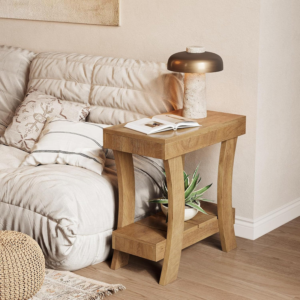 LITTLE TREE Narrow Side Table with Storage Shelf, 2-Tier Rectangular End Tabl...