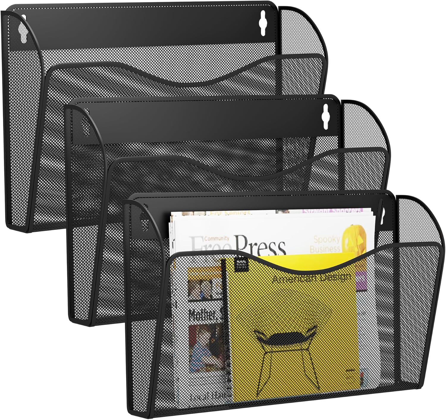 3 Single Pocket Wall File Holder, Mesh Hanging File Folder Paper Organizer, Vertical Wall Mounted Mail Basket, Storage Organization Magazine Rack for Office, Home and School, Black