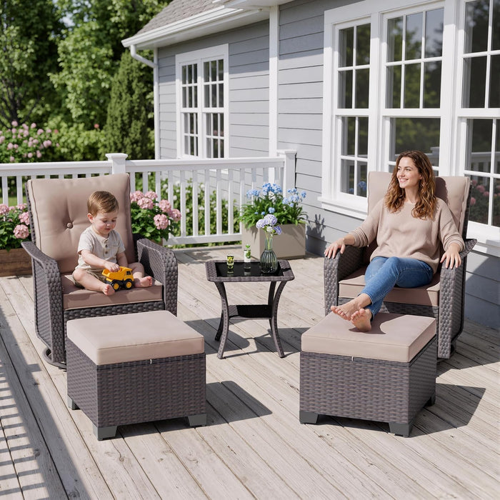 ALAULM 5-Piece Outdoor Swivel Rocking Chair Set with 4” Thick Cushions and High Back, Wicker Patio Chairs with Side Table & 2 Ottomans for Porch, Poolside, Backyard—Sand