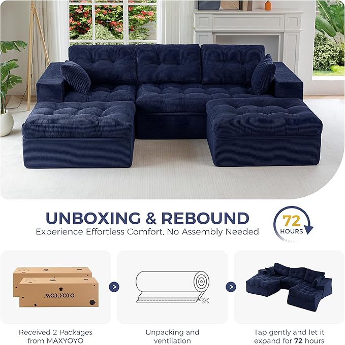 MAXYOYO 104" U Shaped Modular Sectional Sofa with 2 Ottomans, Cloud Boneless Couch with Layered Cushion, Flexible Module Combination Sofa for Living Room, No Assembly Required, Navy