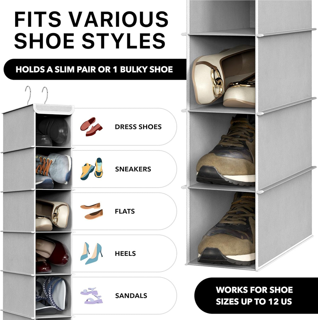 Simple Houseware 10 Shelves Closet Hanging Shoe Organizer, Gray | Dual Metal Hooks, Holds Up to 20 lbs, for Narrow Space