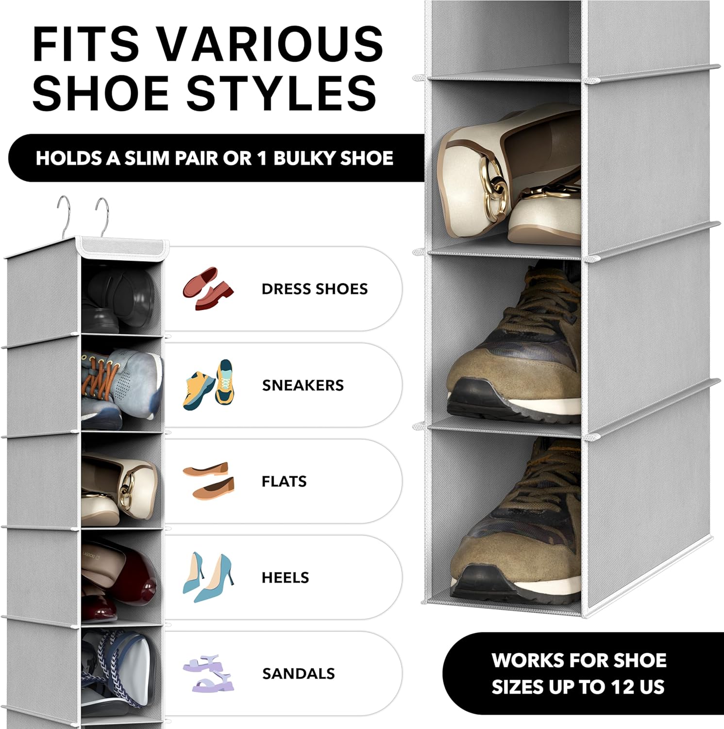 Simple Houseware 10 Shelves Closet Hanging Shoe Organizer, Gray | Dual Metal Hooks, Holds Up to 20 lbs, for Narrow Space
