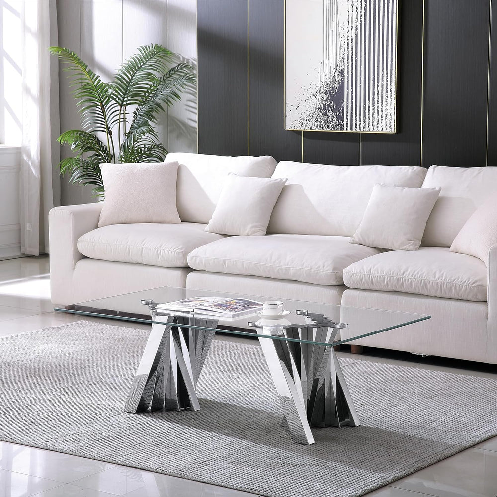 HomVent Glass Coffee Table with Silver Stainless Steel Base | 47"Rectang...