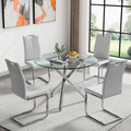 Round Glass Dining Table Set for 4, Modern 5-Piece Round Dining Table & Chair for 4, 36" Glass Kitchen Table with 4 Leather Dining Chairs for Small Living Room Kitchen, Shiny Silver Legs