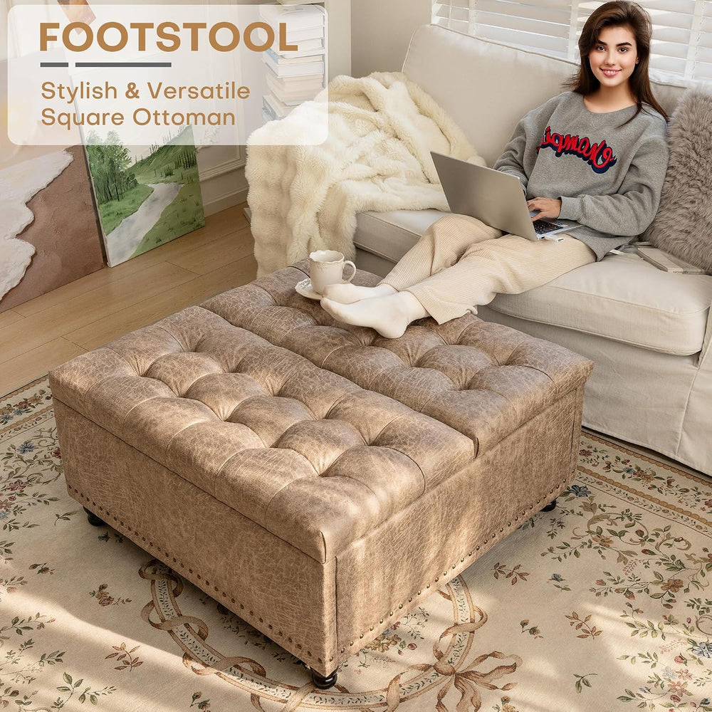 Redlife 35 Inch Large Square Storage Ottoman, Coffee Table Ottoman, Faux | Li...