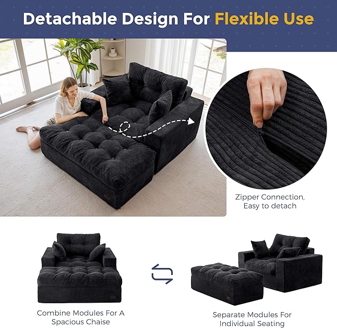 MAXYOYO Modular Sectional Chaise Lounge Sofa, Upholstered Lounge Chair with Ottoman, Comfy Couch with Layered Cushion, Tufted Upholstered Sleeper Chair for Living Room, No Assembly, Black