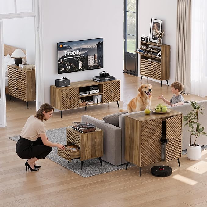 Smuxee Walnut TV Stand with Fluted Diamond Doors, 55.12" Mid Century Modern TV Media Console for TVs up to 65", TV Cabinet with Adjustable Shelf & 2 Cabinets for Living Room