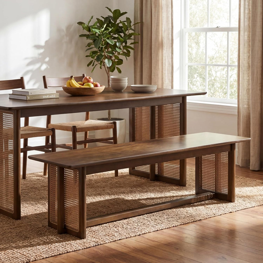 Merax Rustic Rubber Wood 59.06''L Rectangular Dining Bench with Ratta...