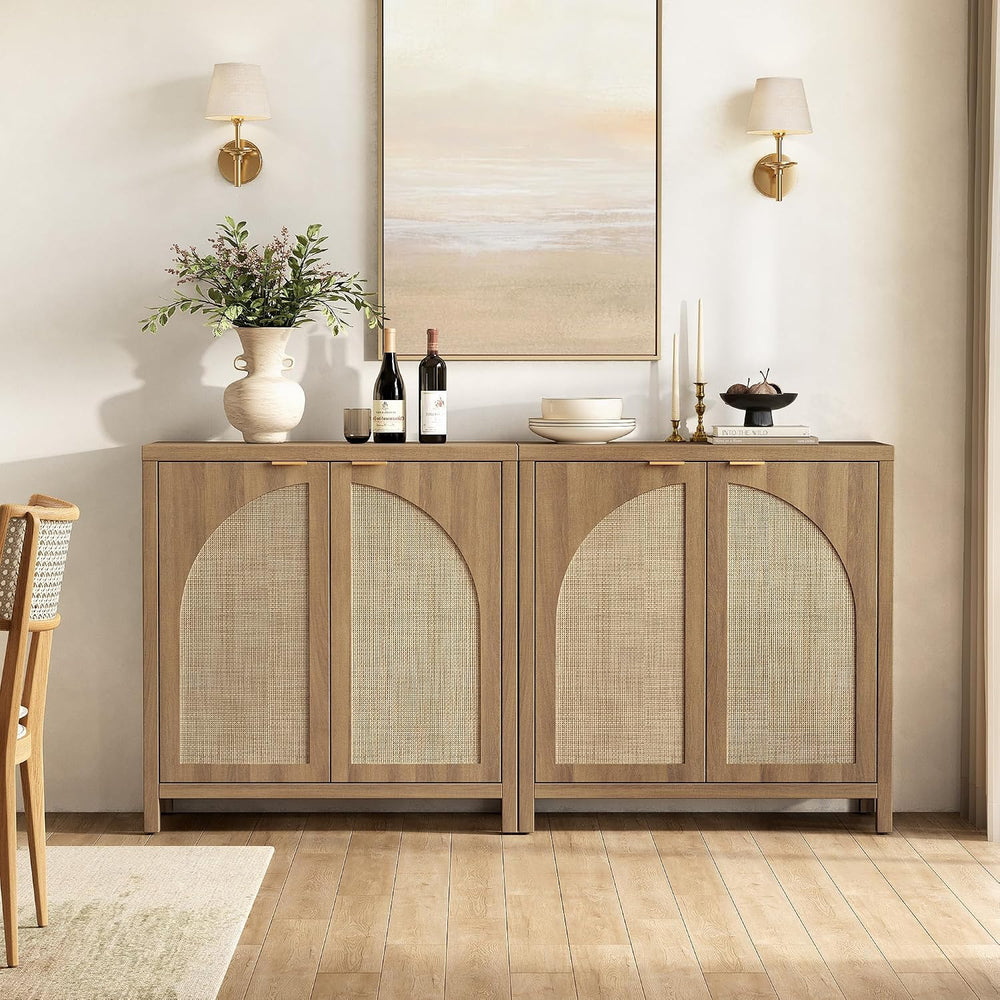SICOTAS Rattan Sideboard Buffet Cabinet with Storage Credenza, 2 Arch Doors