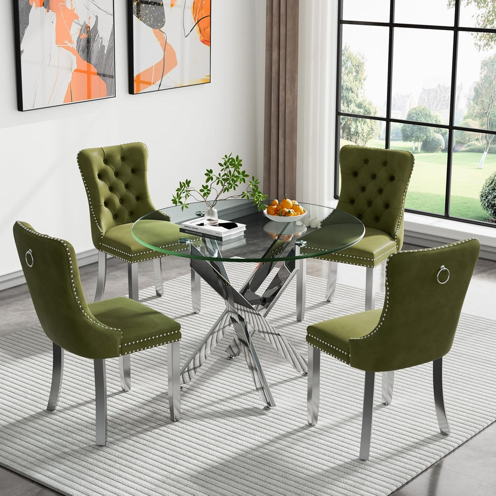 36" Modern Silver Glass Dining Room Table Set for 4,5-Piece Round Kitchen Dining Table Set with Cross Metal Legs and 4 Olive Green Velvet Upholstered Chairs,Glass Kitchen Table & Chairs Set