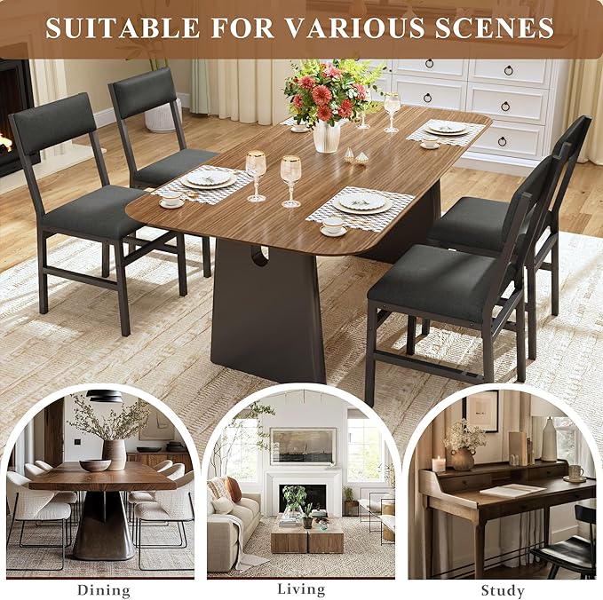 Dining Chairs Set of 4, Upholstered Modern Dining Room Chairs with Ergonomic Backrest, MDF Board and Metal Legs, Fabric Kitchen Chair for Dining, Kitchen and Living Room, Easy Assembly, Black