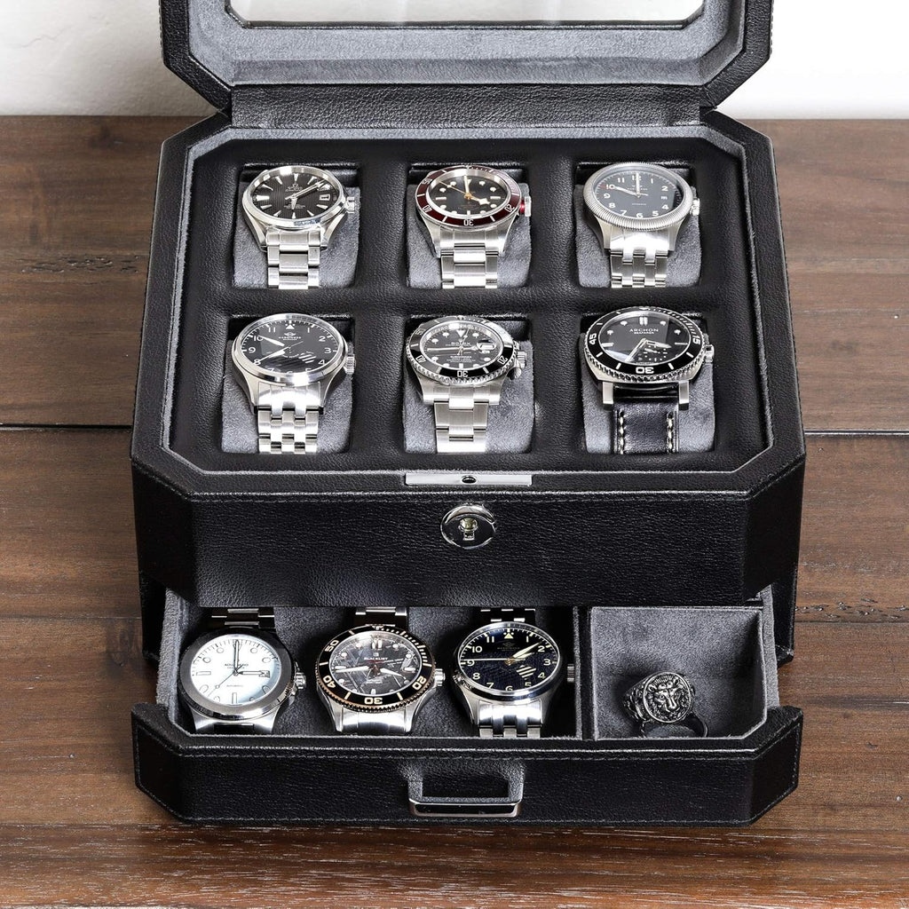 ROTHWELL 6 Slot Leather Watch Box with Valet Drawer - Luxury Watch Case Display Organizer, Microsuede Liner, Locking Mens Jewelry Watches Holder, Men's Storage Boxes With Large Glass Top (Black/Grey)