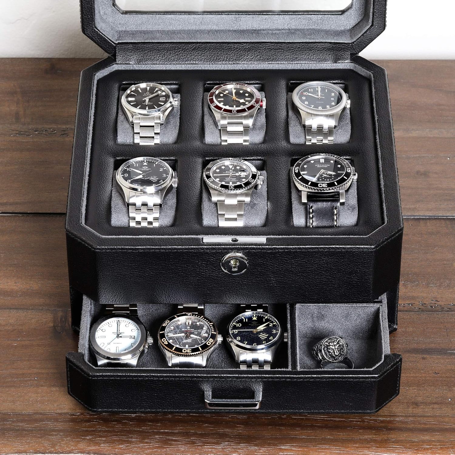 ROTHWELL 6 Slot Leather Watch Box with Valet Drawer - Luxury Watch Case Display Organizer, Microsuede Liner, Locking Mens Jewelry Watches Holder, Men's Storage Boxes With Large Glass Top (Black/Grey)