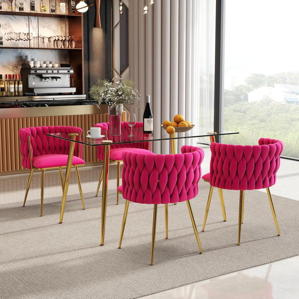 Baysitone 51" Modern Glass Dining Table with 4 Hot Pink Velvet Dining Ch...