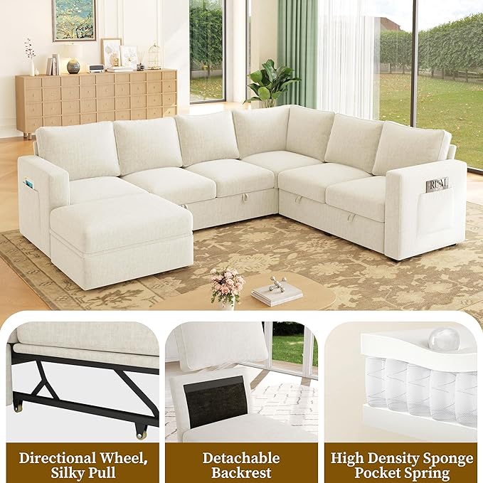 106.7" Sectional Sleeper Sofa with Pull Out Couch, Modern 7 Seat U Shaped Modular Couch, Sectionals Modular Sofa with Storage, Comfy Sectional Couches for Living Room & Apartment, Light Beige