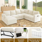106.7" Sectional Sleeper Sofa with Pull Out Couch, Modern 7 Seat U Shaped Modular Couch, Sectionals Modular Sofa with Storage, Comfy Sectional Couches for Living Room & Apartment, Light Beige