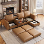 SITJOY 105" Faux Leather Modular Sectional Sofa with Storage, Mid Century Modern Sectional Couches for Living Room, 4 Seat L Shaped Couch with Ottoman and Console Table, Hidden Cupholders, Brown