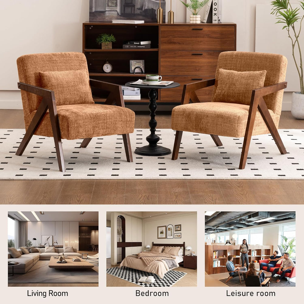 Mid-Century Modern Accent Chair Set of 2 with Solid Wood Frame，Upholstered Ch...