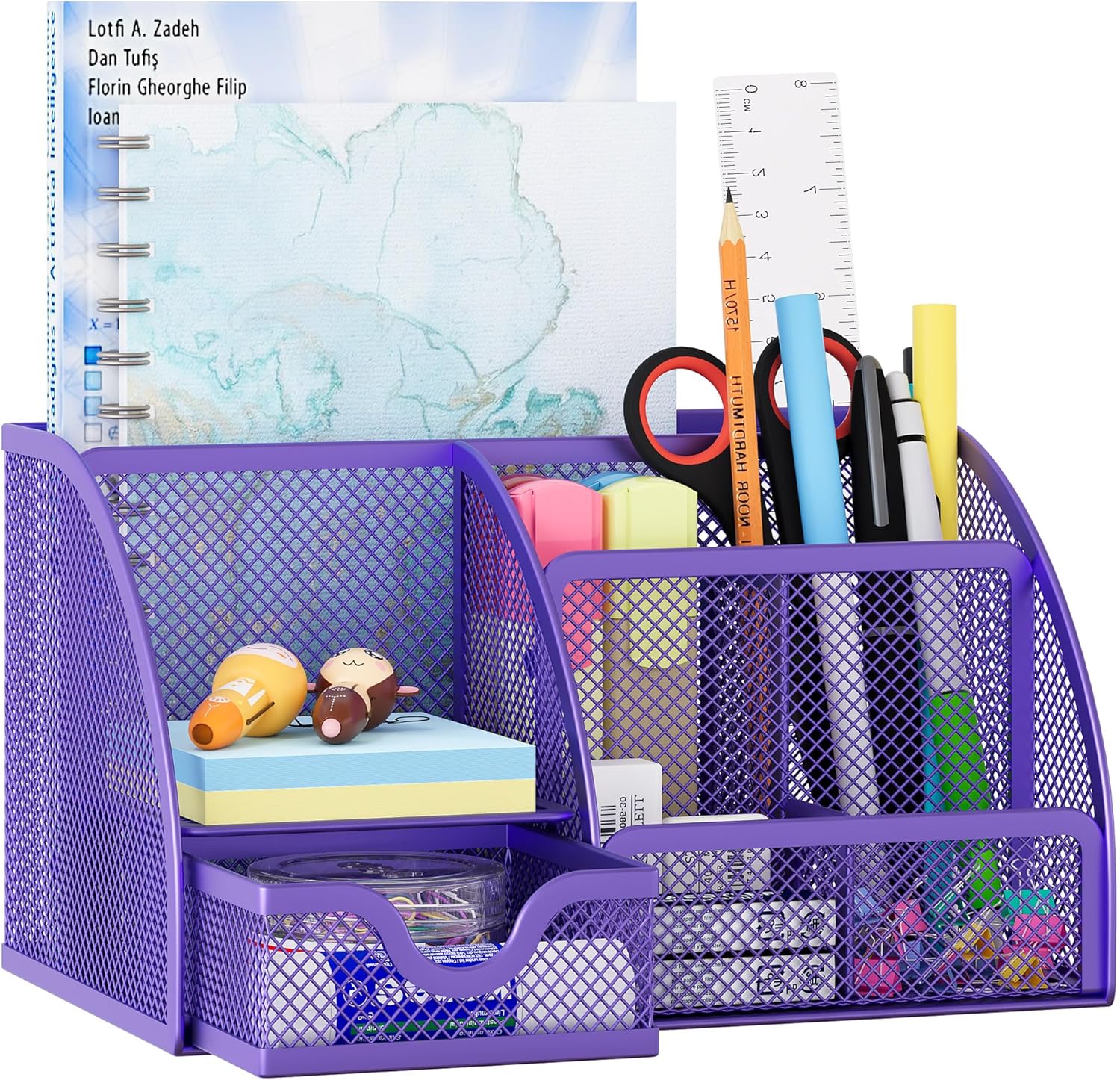 EasyPAG Mesh Desk Organizer with Drawer Multi-functional Pen Holder Stationery Organizer for Office School Supplies 6 Compartments Dorm Organizers and Storage for Desk, Purple