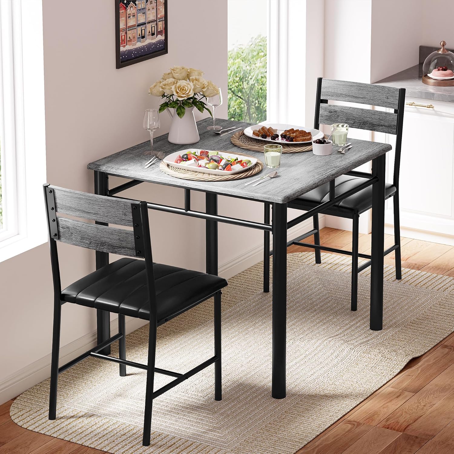 IRONCK Dining Table Set for 2, Small Kitchen Table with Upholstered Chairs for Kitchen & Dining Room, Compact Dining Set for Small Spaces, Gray
