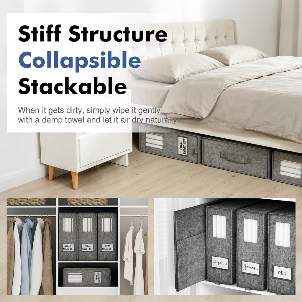 Furnhome Bed Sheet Organizers and Storage 3 Pack, Foldable Linen Closet Organizer Box with Clear Window, Labels & Reinforced Handles, Stackable Space Saving Bedding Storage for King Queen Sheet Set