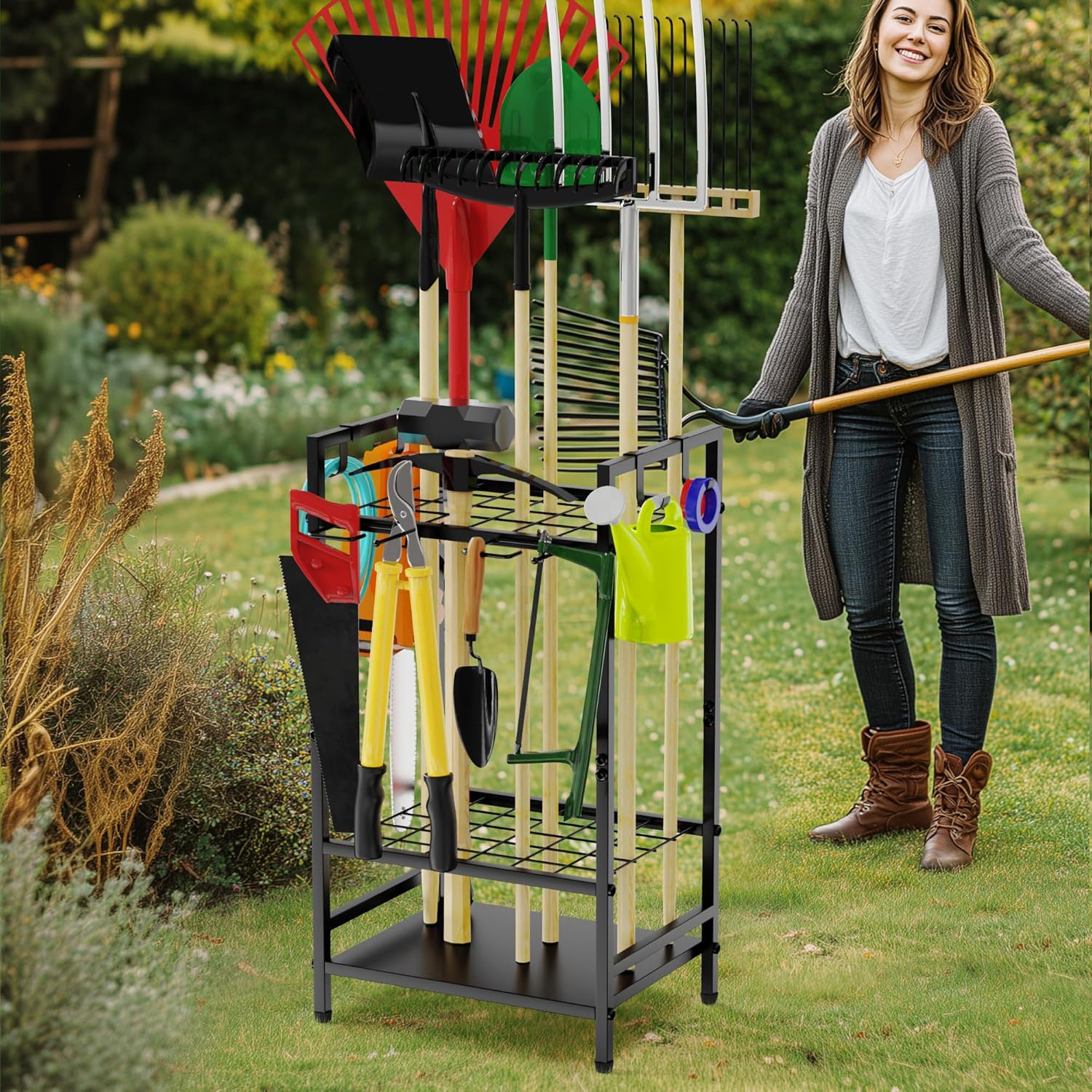 Garden Tool Organizer for Garage, Yard Tool Rack, Holds Up to 36 Long-Handled Tools, Black Metal Garden Tools Rack Storage with Hooks for Yard Shed Garage Organization