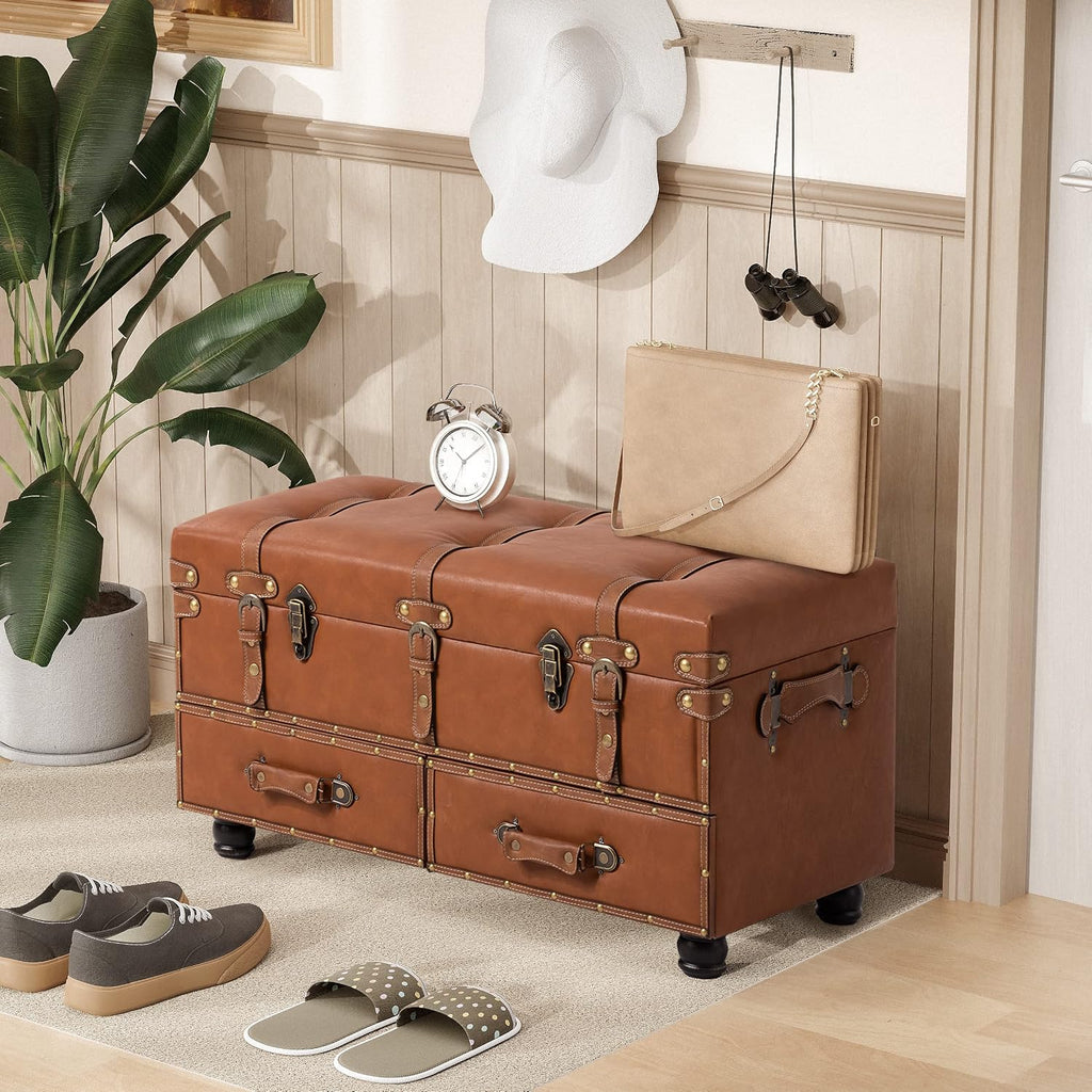 Vintage Treasure Chest Bench with Latch Closure and Buckle Trunk , Farmhouse Faux Leather Storage Ottoman Bench for Living Room, Entryway, Bedroom, Sponge Padded Orange