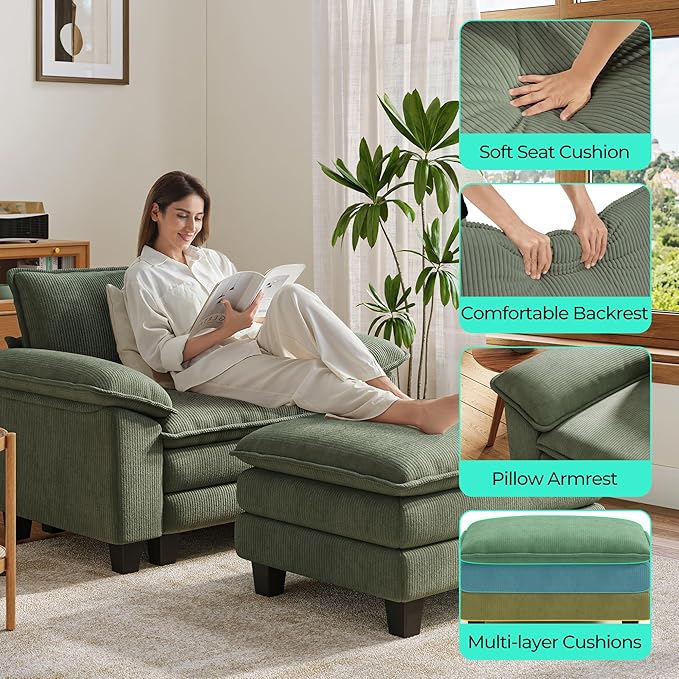 LINSY HOME Cloud Sofa Accent Chair with Ottoman Chaise Lounge Chair Indoor, Corduroy Couch Sofa Chair for Living Room Apartment Bedroom Office, Green