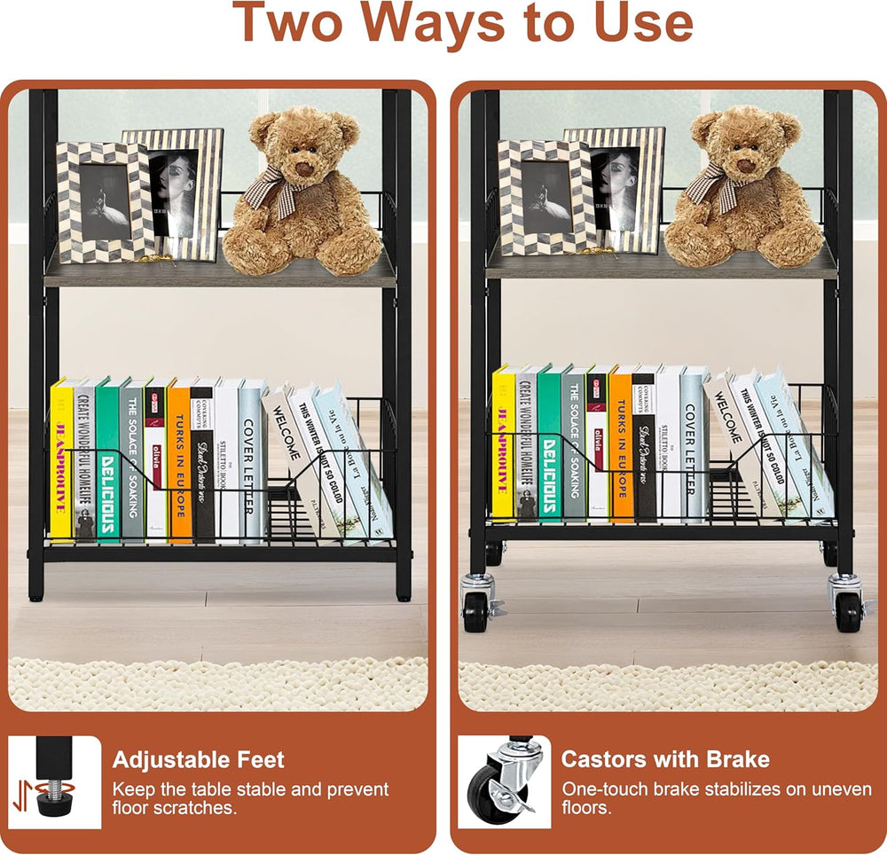 Tall Side Table with Drawer and Shelves, Narrow End Table with Optional Wheel...