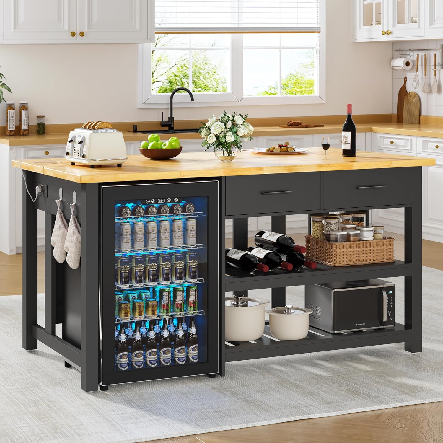 DynJest 60" Solid Rubberwood Kitchen Island with Storage & Leg Room, Black | Coffee Bar Buffet Cabinet w/ Fridge Space & Power Outlets, 2 Drawers & 6 Hooks, Large Countertop, for Home Office Dining Room