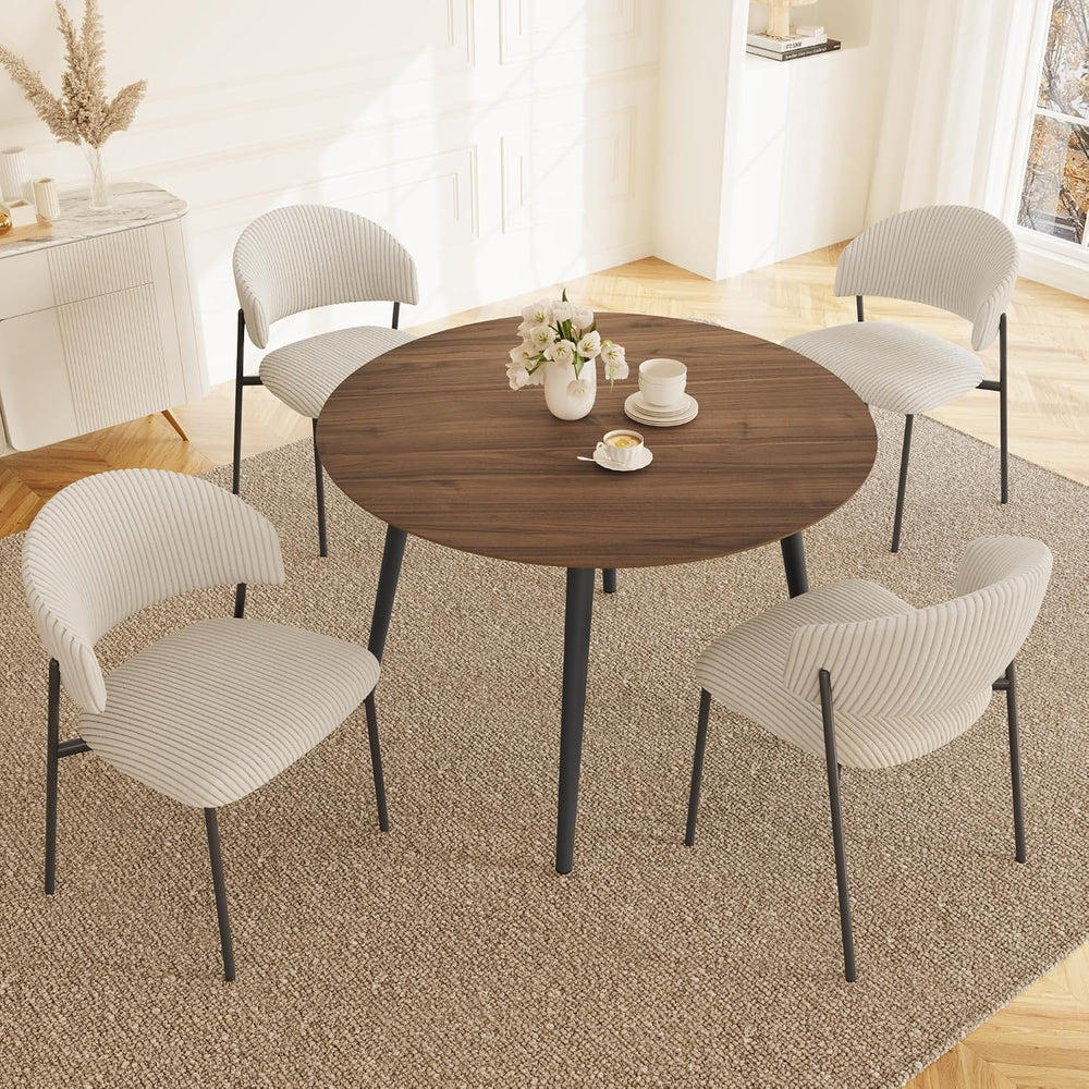 HIPIHOM Round Dining Table Set, Walnut Table with 4 Corduroy Beige Chairs | 4...