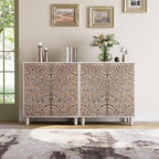 COSIEST Set of 2 32" Buffet Sideboard Cabinets with Vintage Firework Carved Pinewood Doors, Push-to-Open, Storage Accent Cabinet for Living Room, Kitchen, Hallway, Gray