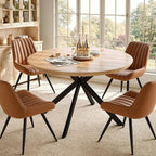 47.2" 5-Piece Round Dining Table Set for 4, Modern Wood Dining Table with 4 Upholstered Chairs, Kitchen & Dining Room Table Set with Metal Base for Apartment, Small Space, Natural Table+4 Brown Chairs