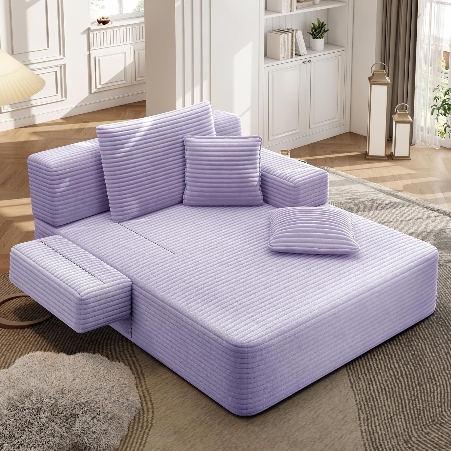 Avenix 70" Boneless Oversized Chaise Lounge Chair Indoor, Corduroy Comfy Oversized Reading Sleeper Chair Boneless Sofa Couch Bed with 3 Pillows, No Assembly Required, Purple