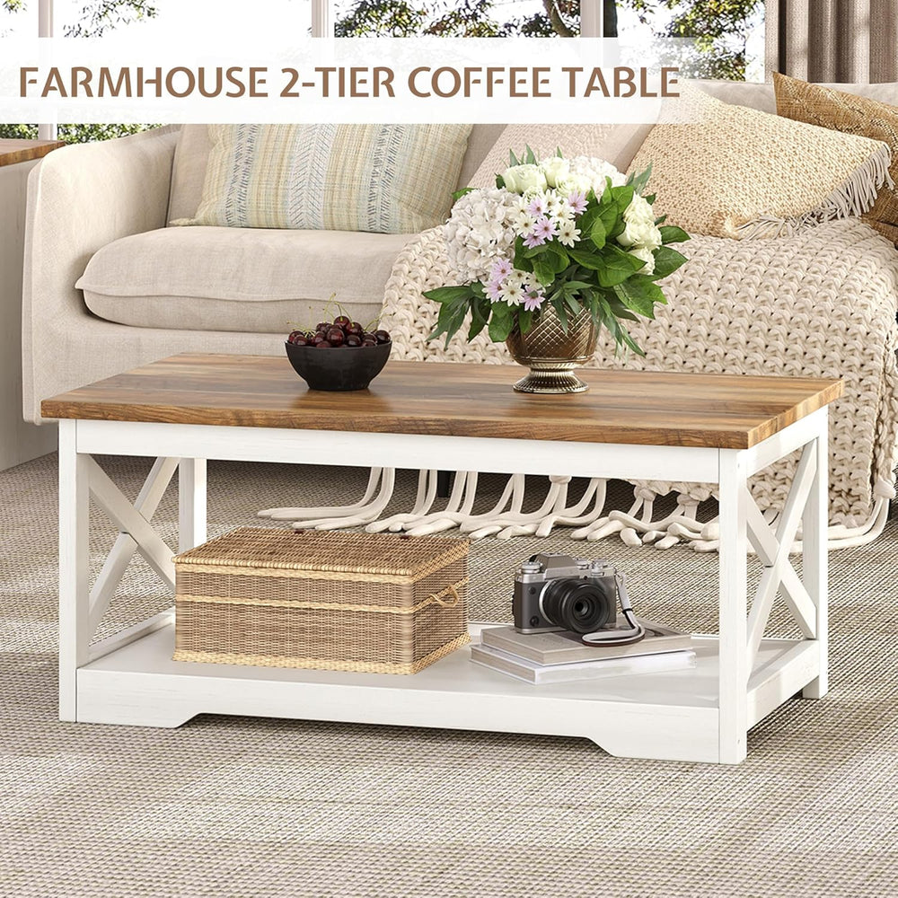 LUXOAK 3 Piece Living Room Table Set with Barn Door, Distressed White | Inclu...