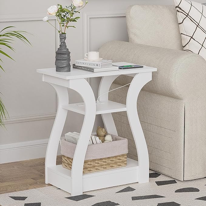 End Tables Living Room, White End Table with Charging Station,White Side Tabl...