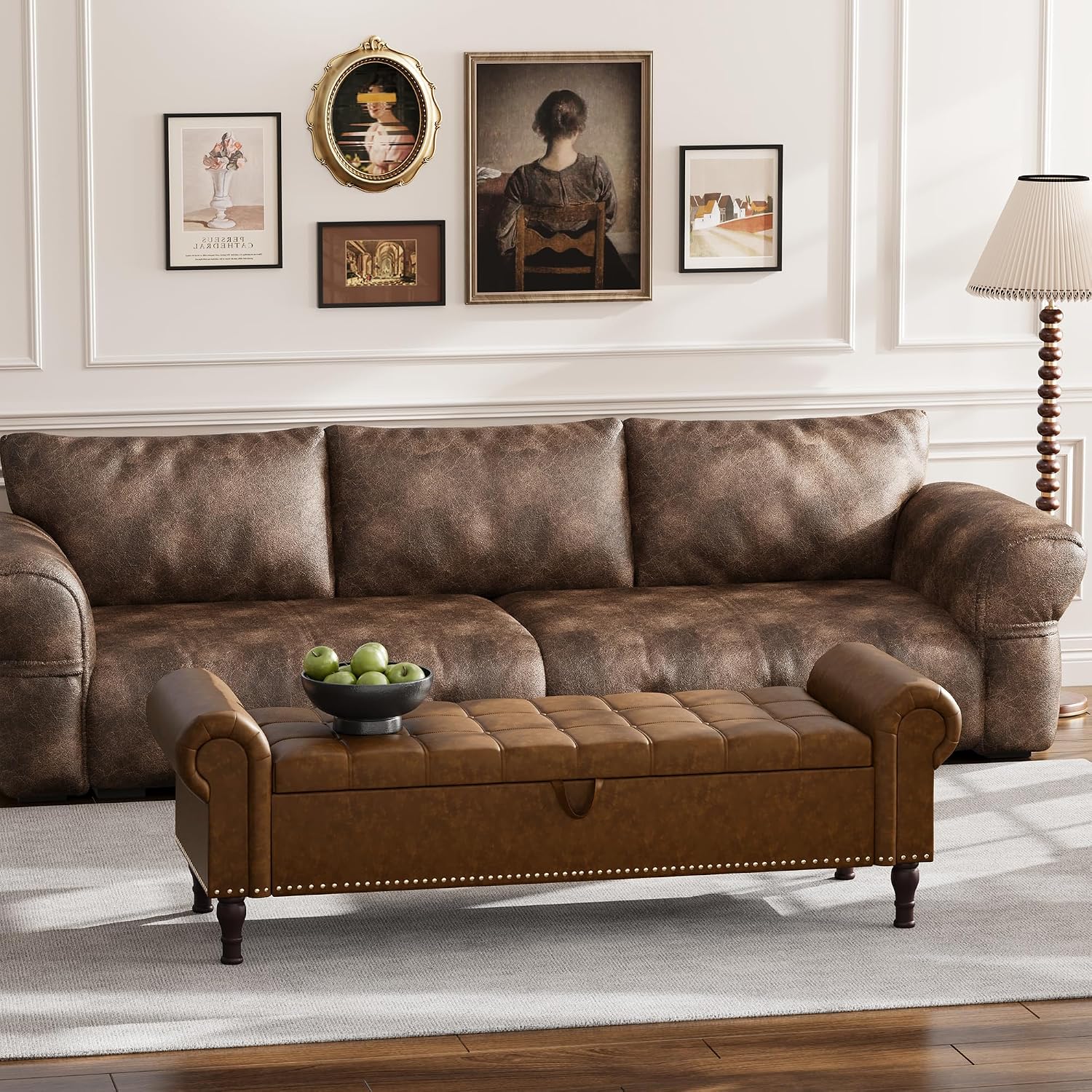 Apicizon 60” Bench with Storage, Upholstered Tufted Button Bedroom Bench with Storage, Faux Leather Ottoman Bench for Bedroom, Living Room, Entryway, Yellow Brown