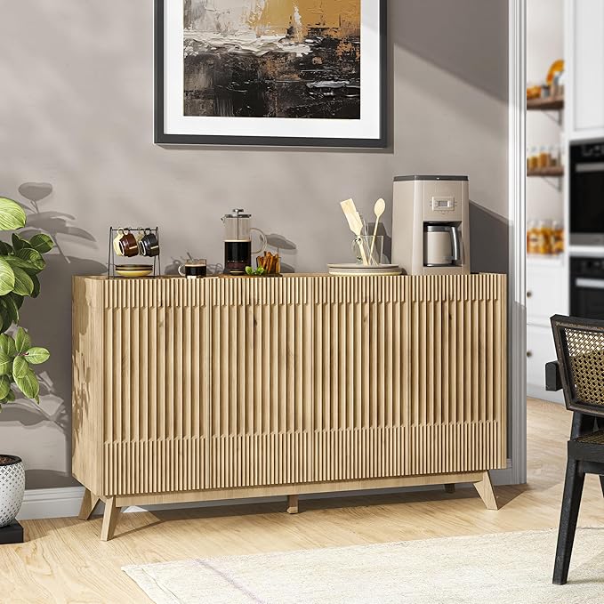 65" Large Sideboard Buffet Cabinet with Storage, Set of 2 Modern Fluted Credenza Buffet Tables with Doors & Adjustable Shelves for Living Room, Kitchen, or Dining Room, Natural Oak