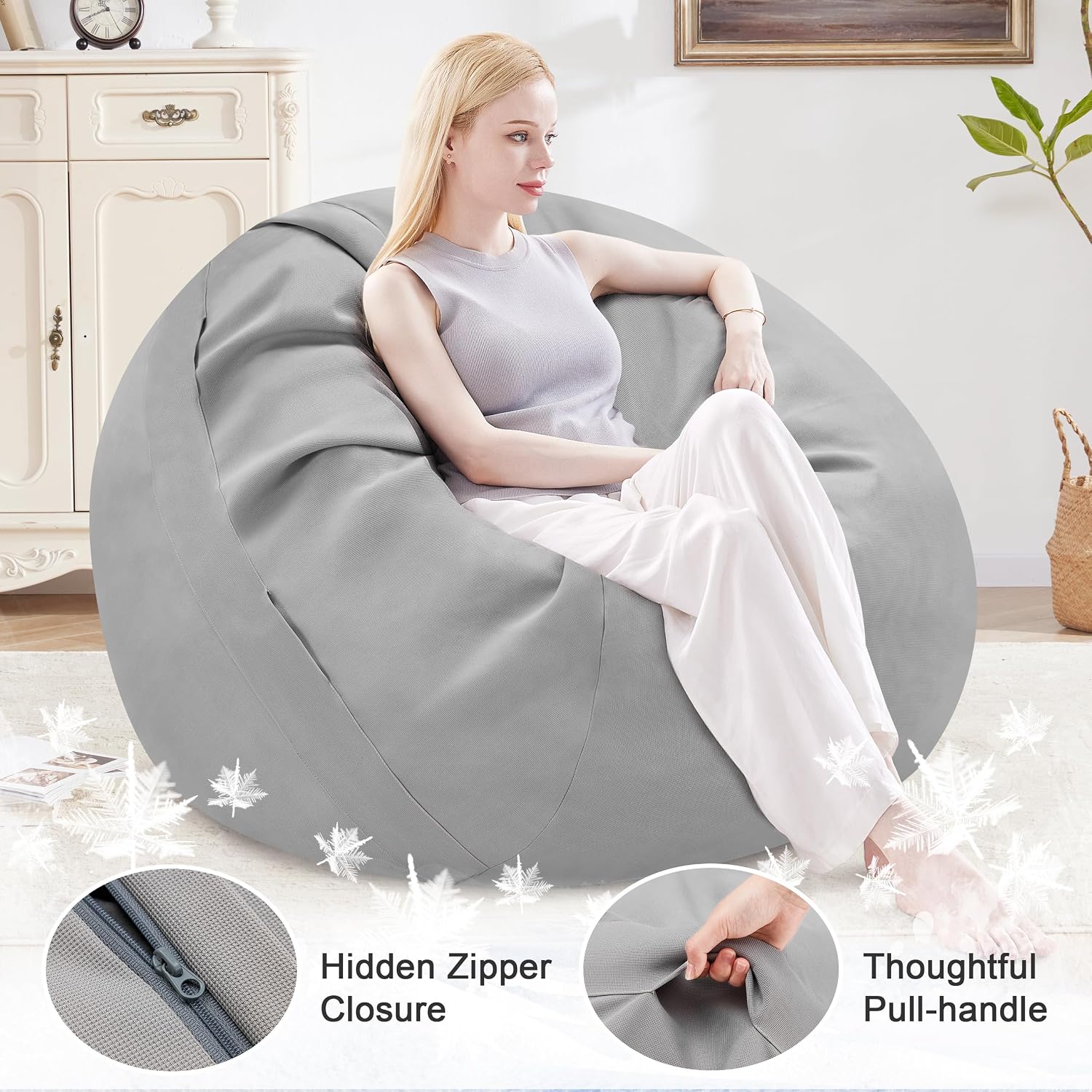 Cooling Bean Bag Cover for Hot Summer (No Filler), Giant Bean Bag Chairs for Stuffed Animals Storage, Large Bean Bag Chair Covers for Adults, Bean Bag Couch Sofa for Toddler/Kids (Grey,4FT)