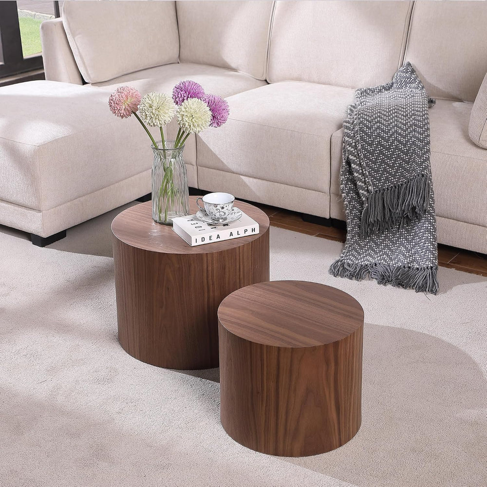 Nesting Coffee Table Set of 2, Wood Round Coffee Table, Modern Coffee Table f...