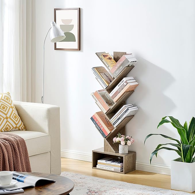 Hoctieon 6 Tier Tree Bookshelf, Tall Bookcase with Drawer, Freestanding Book Shelf, Display Floor Standing Storage Shelf, Book Organizer Shelves for Home Office, Living Room, Bedroom, Greige