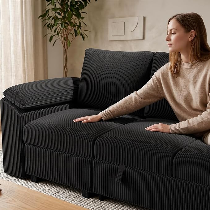 108 Inch Sectional Sleeper Sofa Bed with Pull Out Couch, U Shaped 7 Seat Cloud Modular Sectional Sofa with Storage, Corduroy Sectional Couches for Living Room, Removable Sofa Cover, Black