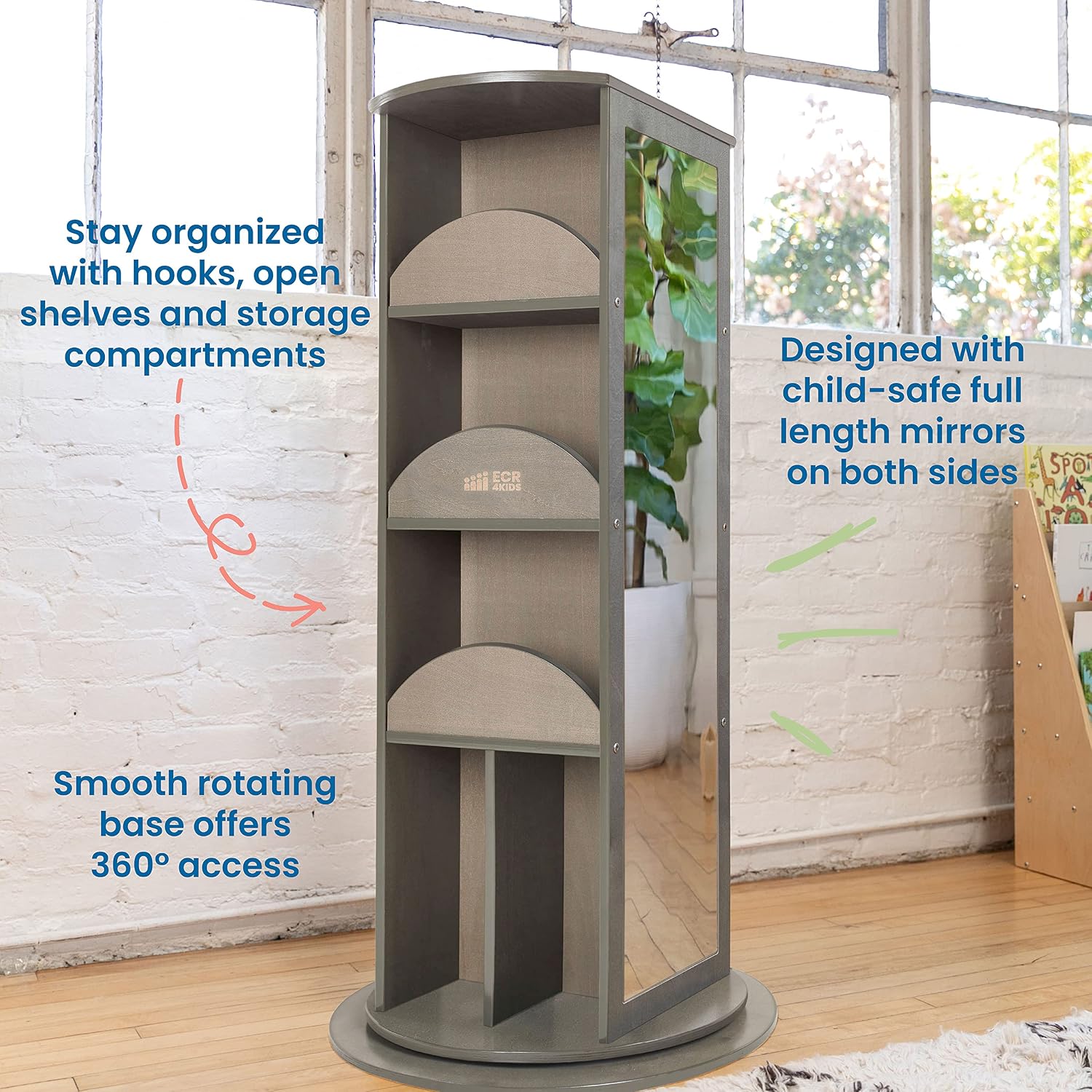 ECR4Kids Rotating Dress-Up Carousel Costume Organizer, Montessori Furniture, Grey Wash